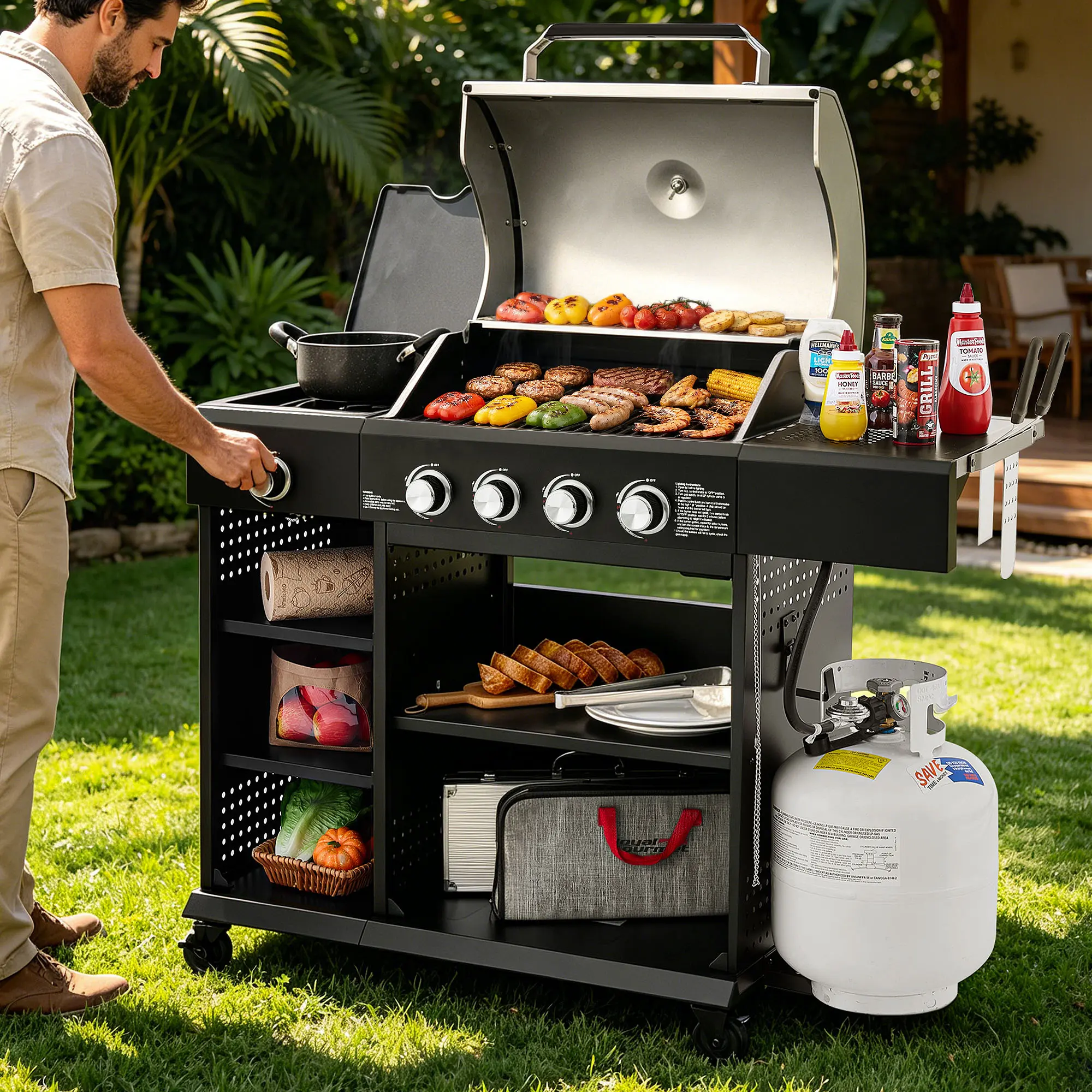 Royal Gourmet OK4003T 4-Burner Gas Grill with Side Burner, 49,000 BTU 512 Sq In BBQ Pit, Stainless Steel Lid,Side Shelf with Knife Rack, Multi-Layer Storage, Electronic Ignition,Swivel Casters,for Backyard, Silver & Black