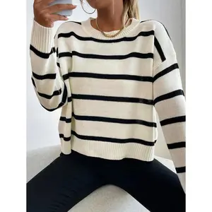 Women Sports Leisure Round Neck Black And White Striped College Style Sweater Pullover,Long Sleeve Tops Knit Pullover Fall Winter Outfit