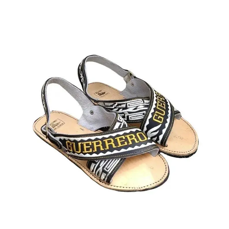Handmade Men’s Black Leather Huarache Cruzado – Guerrero Embroidery