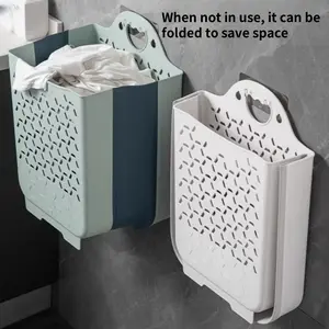 Foldable wall-mounted laundry basket – no drilling required, adhesive-based storage solution for bathrooms and laundry rooms, durable plastic with ventilation design, space-saving rectangular storage bin, home organization supplies, modern laundry basket