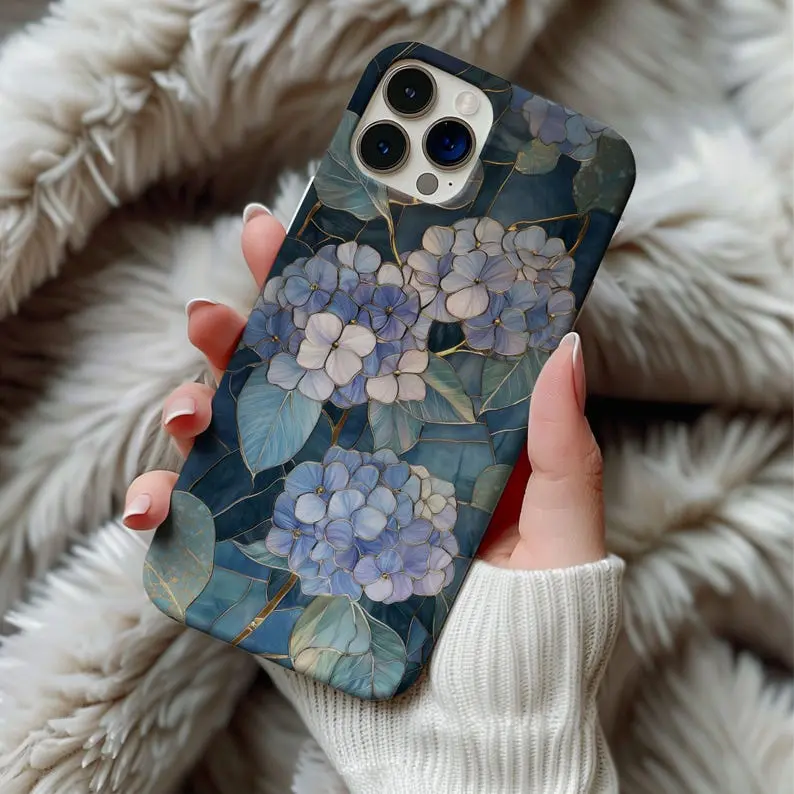 Blue Hydrangea Stained Glass Phone Case Wildflower Floral Artful Aesthetic Vintage Case Gift Phone Cases. Case for IP 11 12 13 14 15 16 17 Pro, Plus, Promax, S21,22,23,24,25 Ultra, Tough Case, Magsafe Case