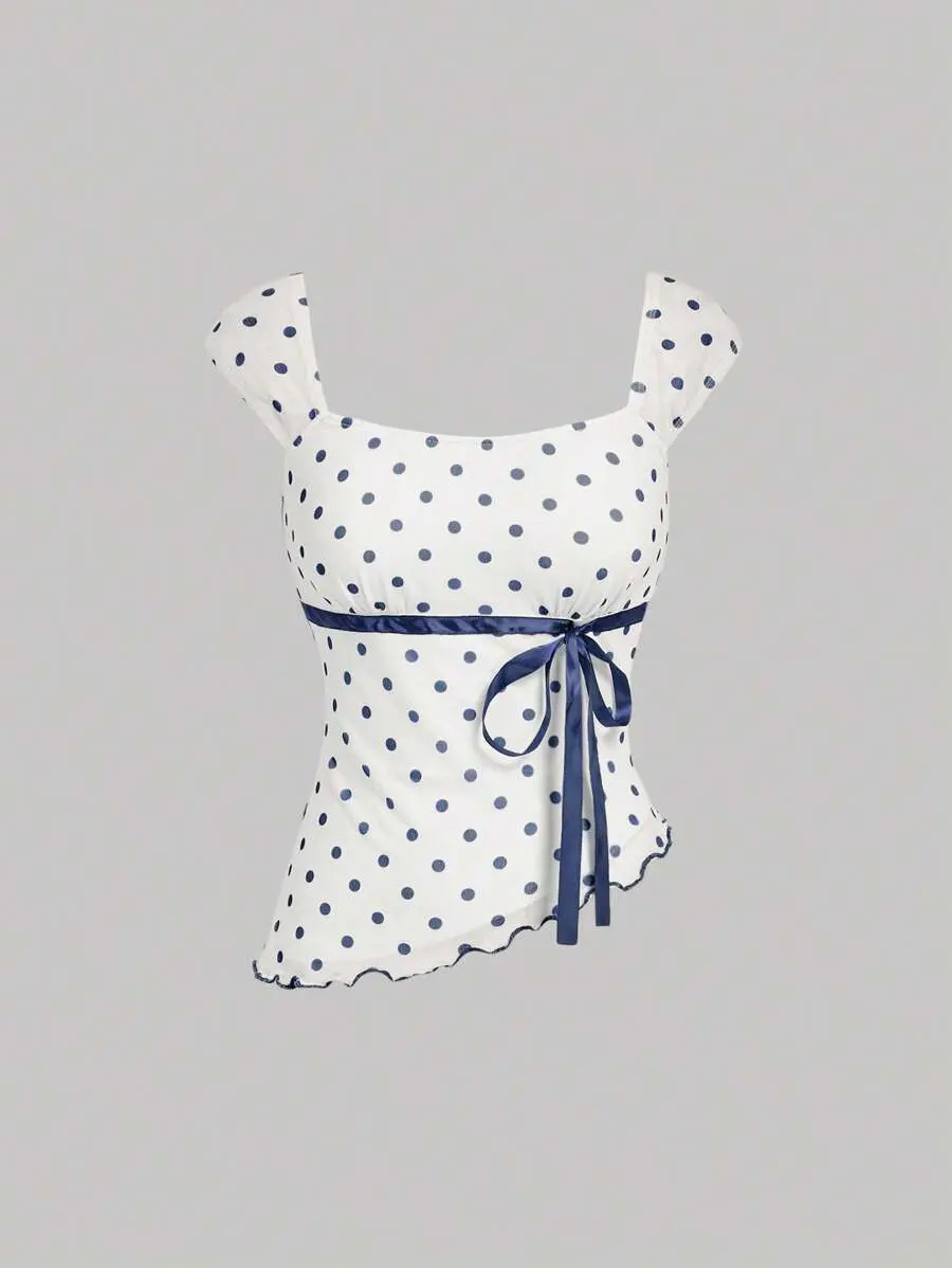 Asymmetric Bow Ruched Mesh Polka Dot Top