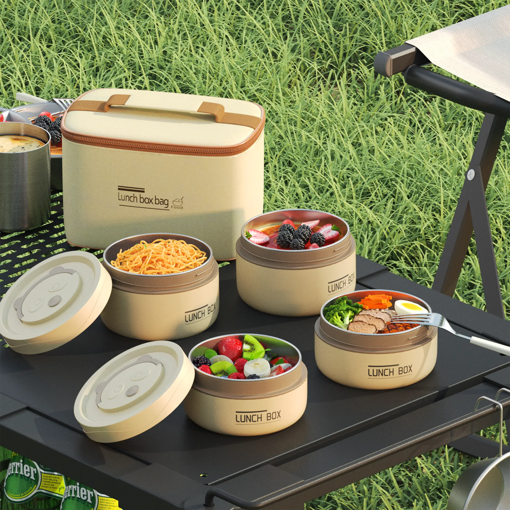 Stainless Steel Thermal Lunch Box Set (3pcs/4pcs) - Round Insulated Stackable Personal Bento Box, Microwave-Safe Reusable, Leak-Proof, Space-Saving, Durable, Safe, with Beige Bag for Daily Lunch, Camping Picnics
