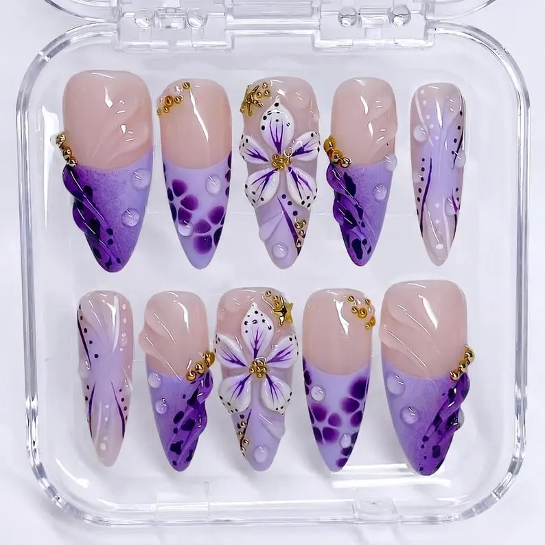 Purple Press On Nails With 3D Flower Animal Print Water Drop Dreamy Summer