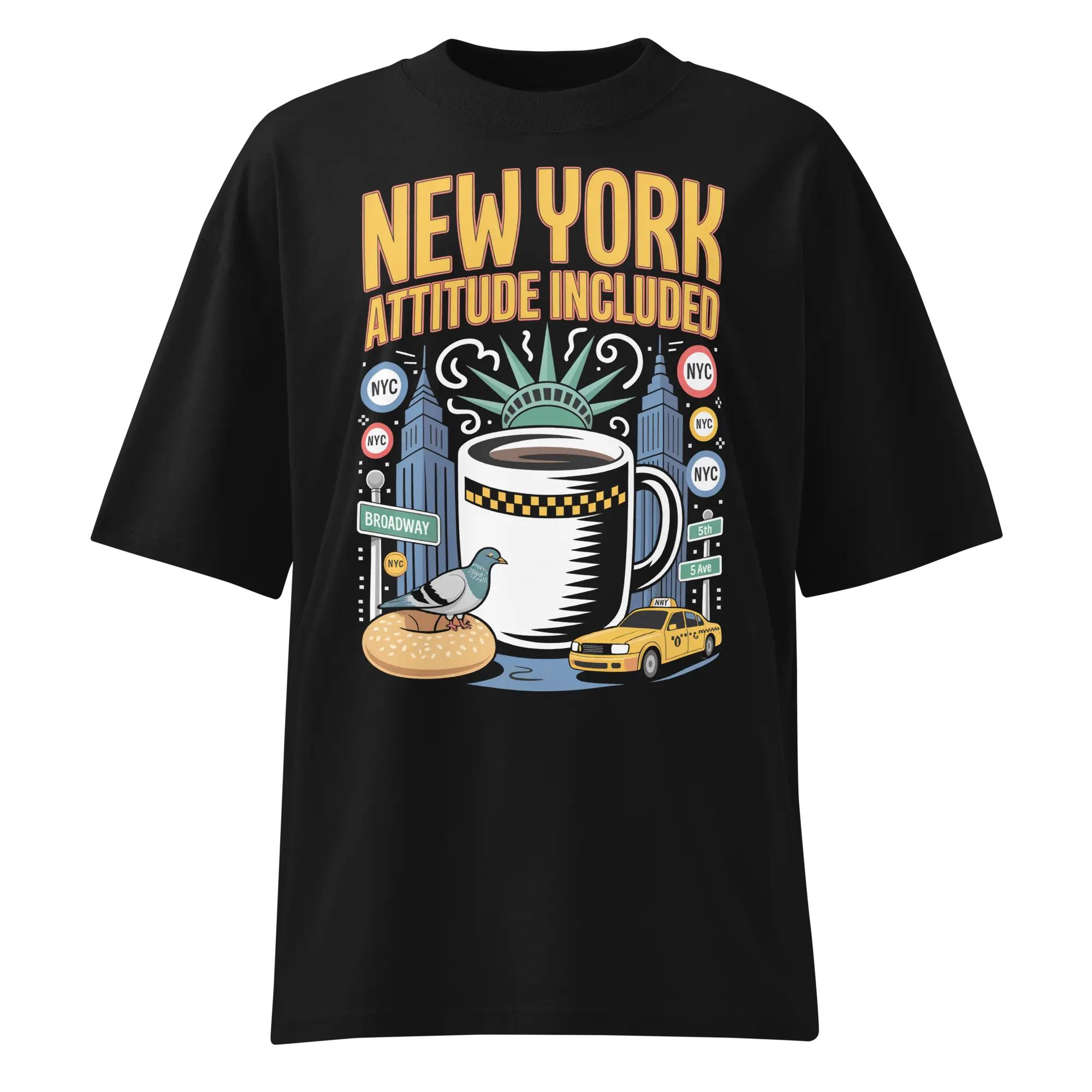 New York Attitude Included Graphic Tee – NYC Coffee Taxi Bagel Shirt – Unisex Black Streetwear T-Shirt