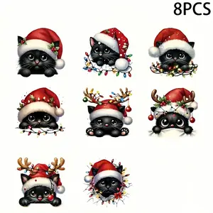 8PCS/SET Christmas Black Cat Stickers 8 Pack for Water Bottle and Car Stickers, DIY Glassware Transfer with Glossy Decoration