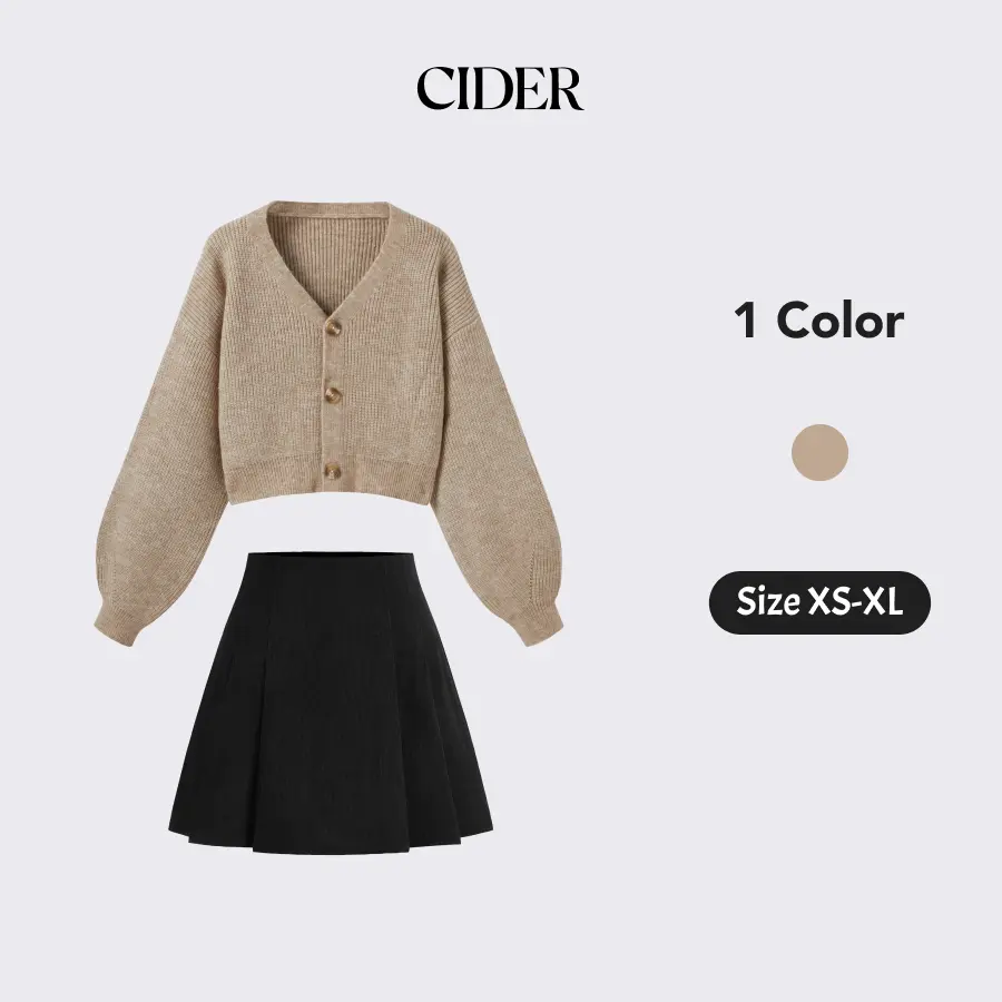 Cider 2-Piece Knit V-neck Solid Button Crop Cardigan & Corduroy Mid Rise Pleated Mini Skirt Set