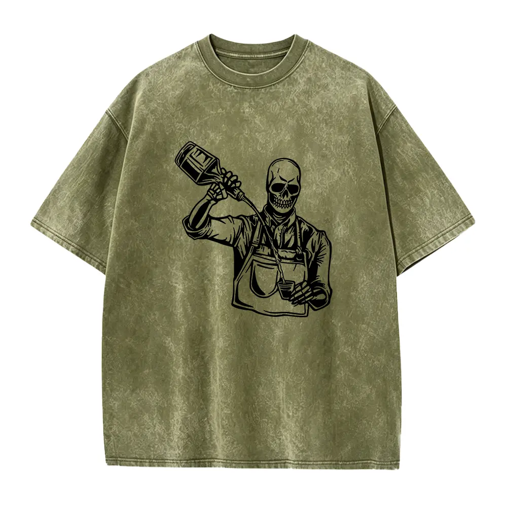 Skull Bartender Pouring Wine Graphic Tee, Vintage Black Line Art Streetwear Men Crew Neck Short Sleeve T-Shirt, Bar Lover Casual Summer Top