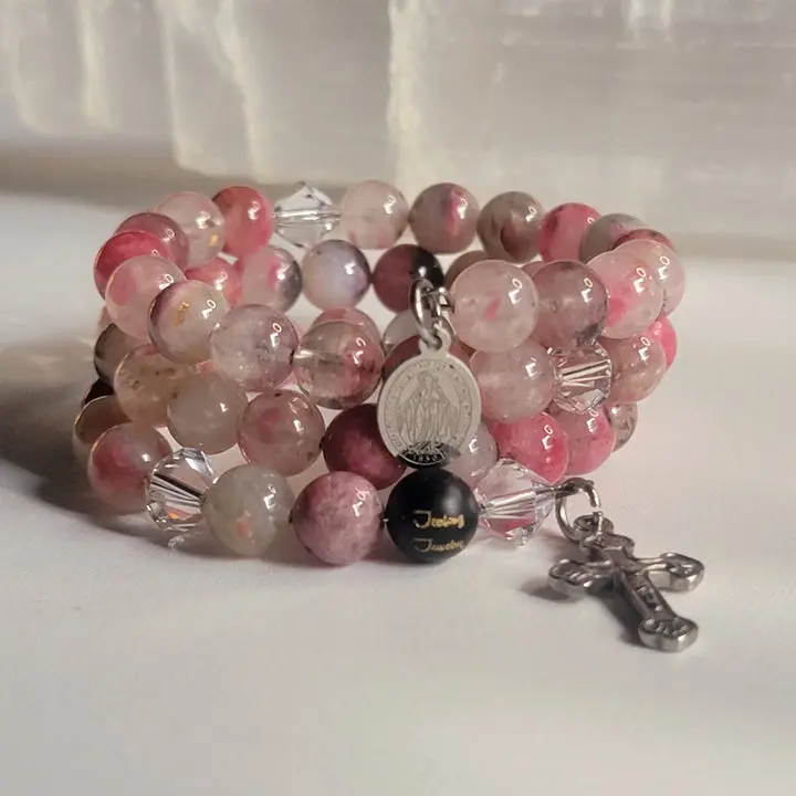 Pink 8mm Flower Sakura Gemstone Stainless Steel Rosary Wrap Around Bracelet