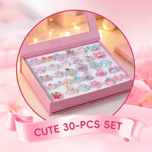 Cartoon Glow-in-The-Dark Kids Rings Gift Adjustable Ring 30PCS  Cute Rings for Girls -Cartoon Theme, Nickel Free, Safe Epoxy Resin Materials,Suitable for Ages 3-14，Gift for girls