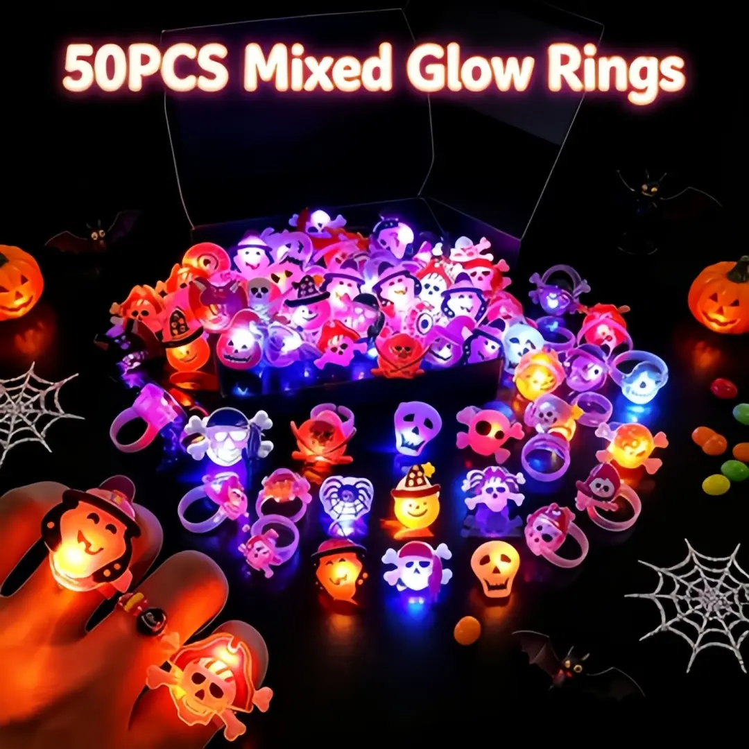 Halloween Rings 50 Pack - Flashing LED Party Favors for Kids, Halloween Bag Fillers, Light Up Toy Rings for Goody Bags, Mini Spoky Gifts