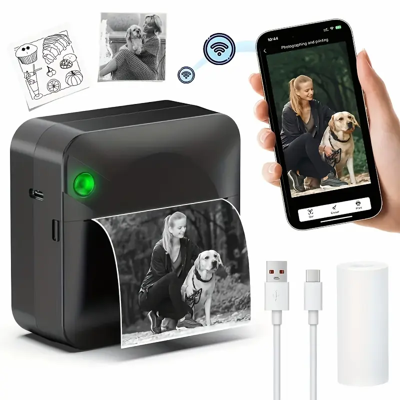 Micro Printer, Pocket Printer, Inkless Sticker Thermal Printer with 1 Roll of Thermal Paper, Wireless Portable Receipt Printer, Suitable for Photos, Diaries, Notes, and Memos
