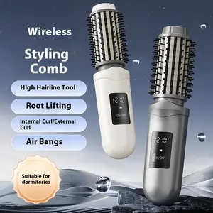 Wireless Heated Curling Brush, Cordless Root Lifting Volumizer with LCD Temp Display, 2-in-1 Hot Comb for Curls/Straightening, Portable Hair Styler for Dorm & Travel