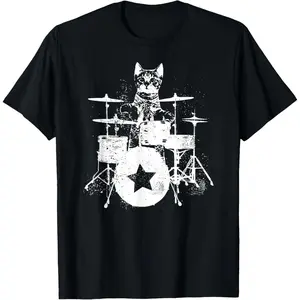 Punk Rockstar Kitten Kitty Cat Drummer Playing Drums Graphic T-Shirt graphic tees fashion round neck shirts men casual comfy top T-Shirt for Men​
