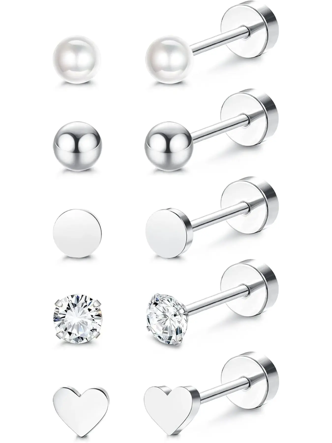 5Pairs Titanium Stud Earrings for Sensitive Ears G23 Hypoallergenic Flatback Earrings with Heart Opal Pearl Turquoise and CZ Designs 20G Star Moon Cartilage Piercing Jewellrey for Women Men Earrings Set
