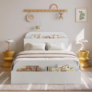 Twin XL Size Bed Frame, Wooden Beds with Storage Headboard and Raised-Foodboard, Twin XL-Floor Low Platform Bed for Bedroom, Sturdy Wooden Slats Support, No Box Spring Needed, White