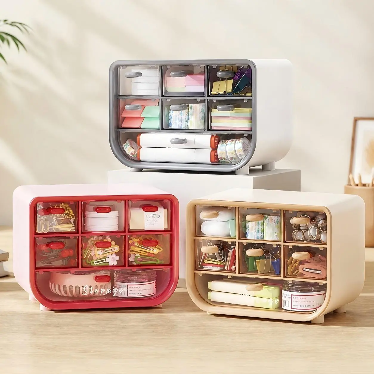 7-Drawer Desktop Organizer with Clear Transparent Drawers, Plastic Desk Storage Box for Makeup Stationery Office Supplies, Small Space Organizer for Dorm Room Under Desk, Stackable Cosmetic Drawer Organizer with Round Handles