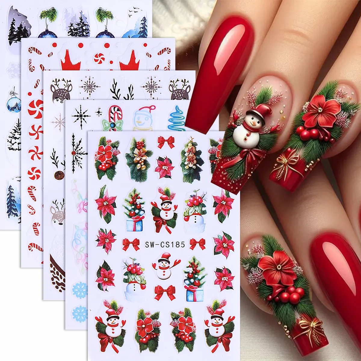 5pcs Christmas Flower Nail Art Stickers Set, Snowman Candy Cane Design Festive DIY Nail Art Stickers, Winter Scene Decorations for Women & Girls, Holiday Gift Idea, Transferable Nail Art, Nail Art Designs, Nail Decoration Supplies