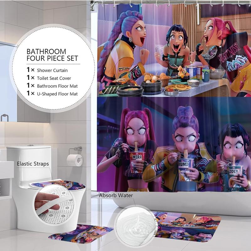 K-POP Demon Hunters Bathroom Set, Including Shower Curtain with 12 Hooks, Non-Slip Bath Rug, U-Shaped Toilet Mat, Toilet Lid Cover, Bathroom Decoration Accessories