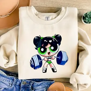 Bubbles #Powerpuff Strong Girls Sweashirt, Cute Cartoon Weightlifting Tee, Gym Shirt, Graphic Gym Shirt, Vintage Washed Tee Cotton, Gym Shirt Women, For Men, Full Size