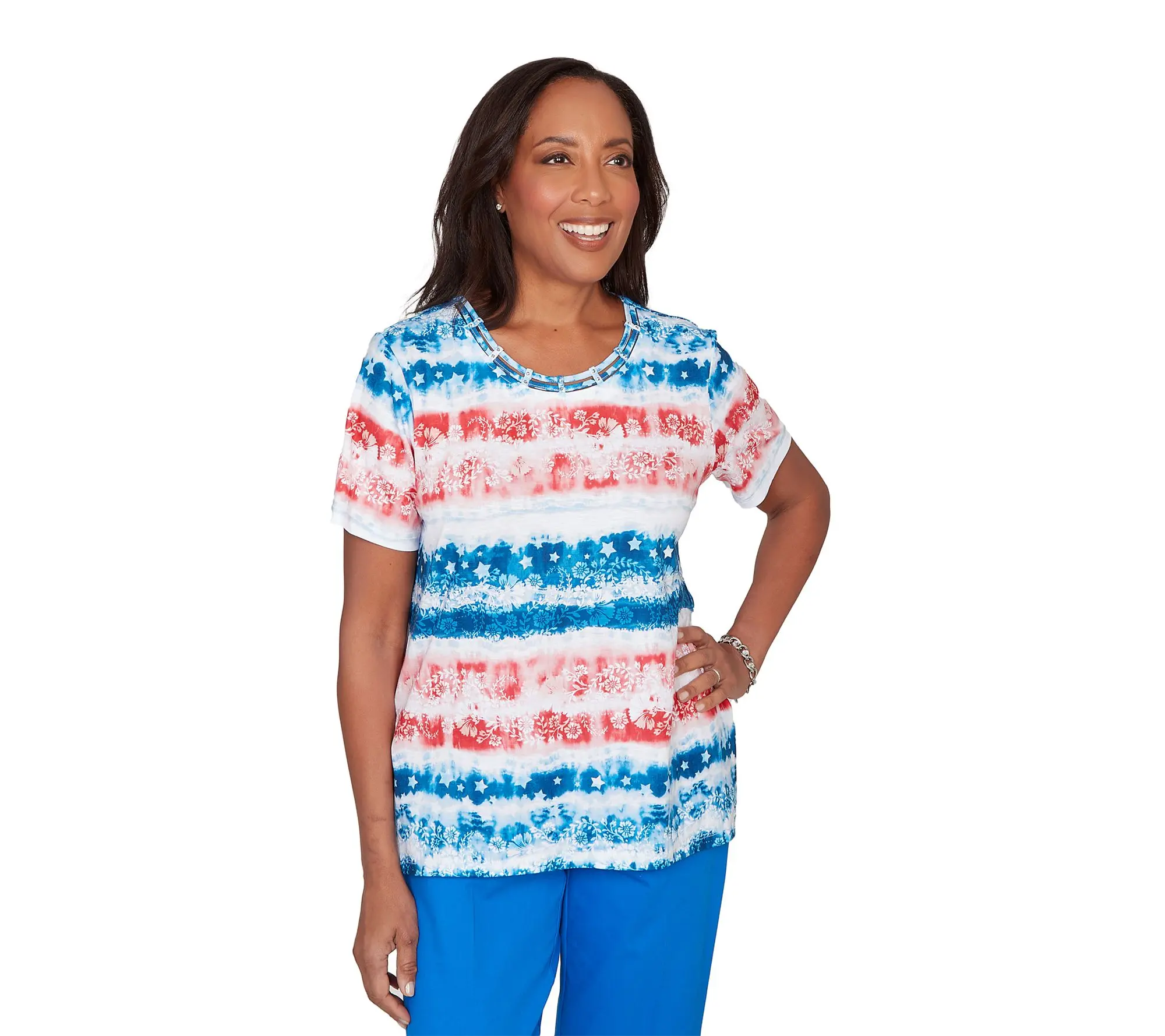 Alfred Dunner Women's Petite Americana Tie Dye Stripes Tee