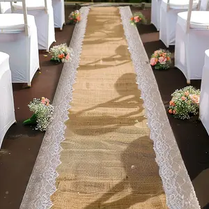 Natural Jute Burlap Aisle Runner with White Floral Lace Borders 30ft