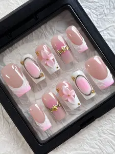 10pcs Square White French Trim Press On Nails, Handmade Reusable False Nail Tips with 3D Pink Flower, Star and Chrome Detail for Daily Styling