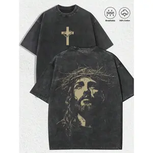 Men's 100% Cotton Short-Sleeve Round Neck T-Shirt - Crown of Thorns Graphic, Religious Christian Cartoon, Loose-Fitting, Avant-Garde Gothic Punk, Casual Tropical Grey, for Streetwear, Church Outfits, Shortsleeve, Tshirt