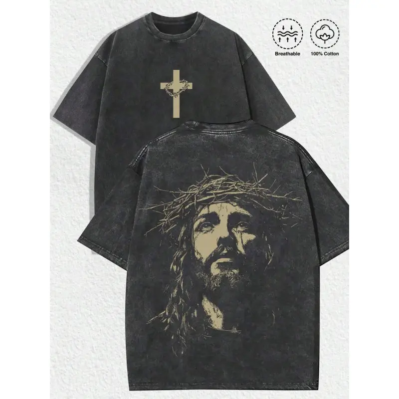 Men's 100% Cotton Short-Sleeve Round Neck Graphic Print T-Shirt - Loose-Fitting Menswear Top, Crown of Thorns Design, Religious Christian Cartoon, Avant-Garde Gothic Punk, Casual Tropical Grey, for Streetwear, Church Outfits, Work, Oversized Loose Fit Men