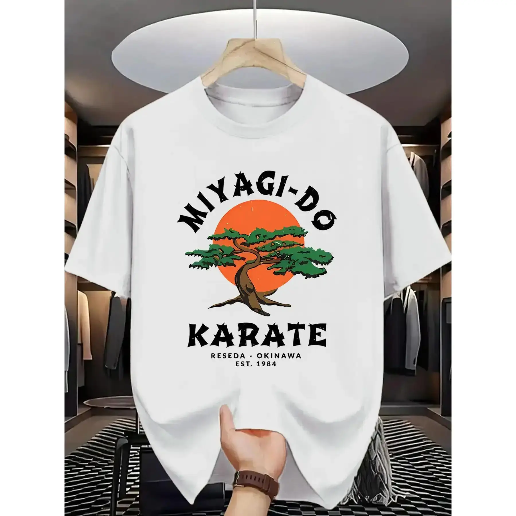 Miyagi-Do Karate Men's T-Shirt - Iconic Bonsai Tree & Karate Logo Print (Est.1984 Okinawa) - Martial Arts Training & Casual Wear - White Short Sleeve Round Neck Tee for Karate Practitioners & Fans