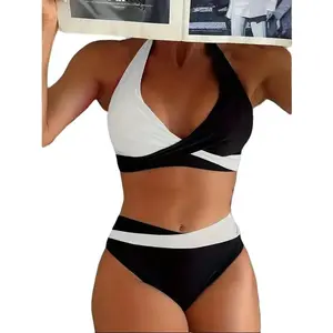 [Women's Bikini Set] Women's Sexy Solid Color Bikini Swimsuit Set - Cross-Back Split Design, Multi-Color Halter Neck 2pcs Beachwear for Vacation