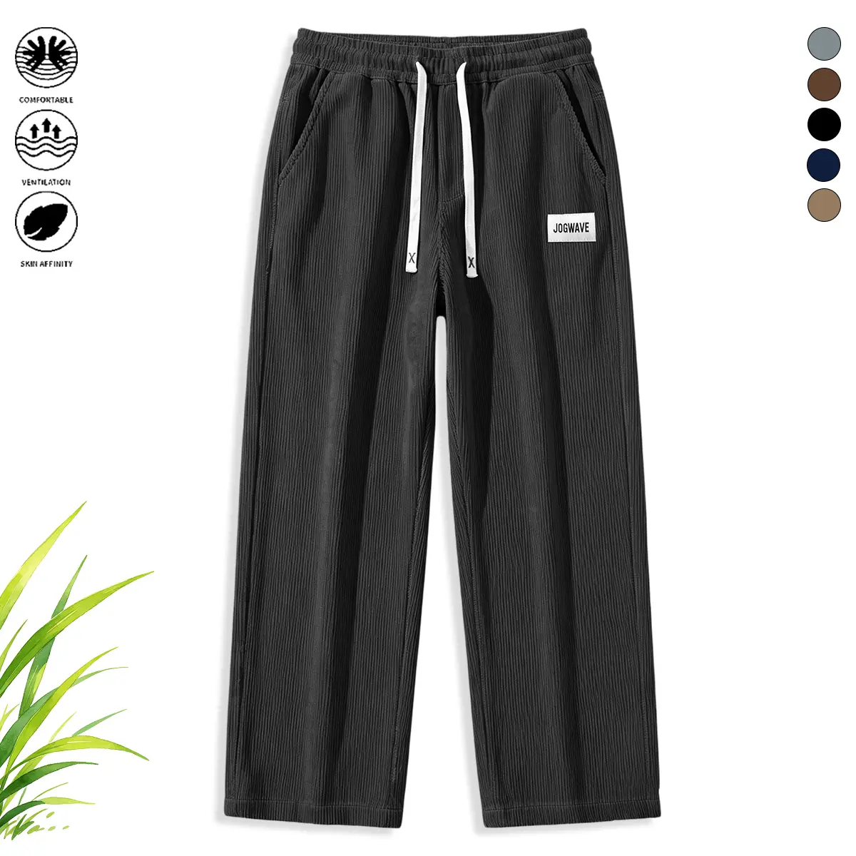 Men’s corduroy pants with elastic waistband, drawstring design, adjustable fit, straight-leg athletic pants—fashionable casual sports trousers; men’s long pants, menswear