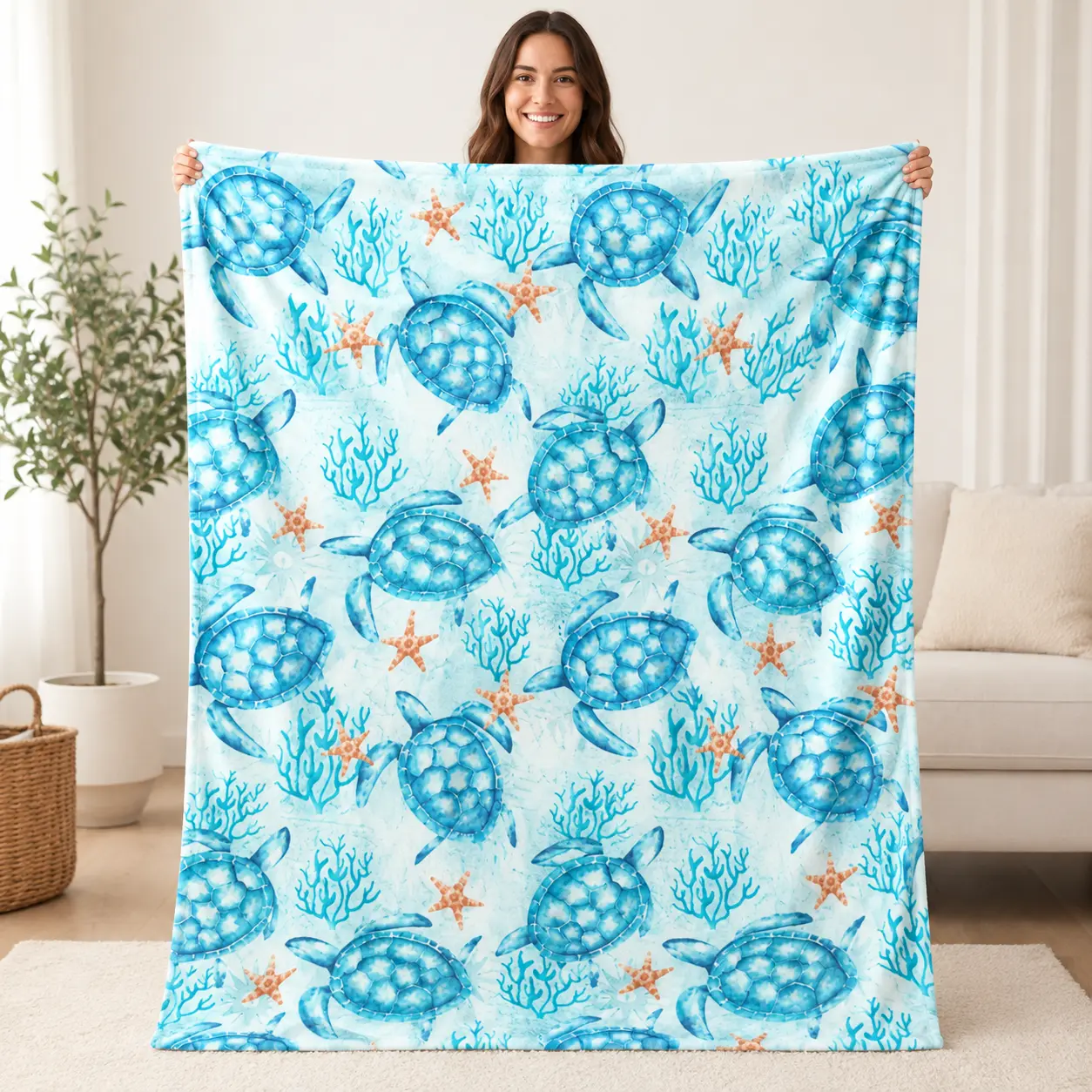 Soft Cozy Flannel Ocean Pattern Blanket - Watercolor Sea Turtle, Coral, Starfish Design, Blue Marine Life Fuzzy Plush Throw, Ideal Birthday Gift for Beach Lovers, Nautical Bedroom Sofa Home Decor