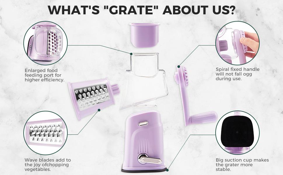 [BF&CM]KitExpert Next-Gen Purple Cheese Grater(Larger&Faster),  5 in 1 Rotary Cheese Grater, Mandoline Slicer, Vegetable Chopper, Pink Kitchen, Mother's Day Gift.