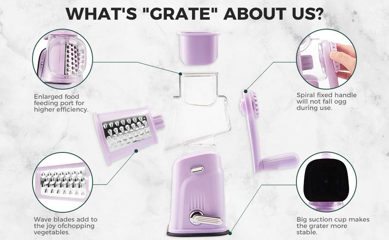 [BF&CM]KitExpert Next-Gen Purple Cheese Grater(Larger&Faster),  5 in 1 Rotary Cheese Grater, Mandoline Slicer, Vegetable Chopper, Pink Kitchen, Mother's Day Gift.