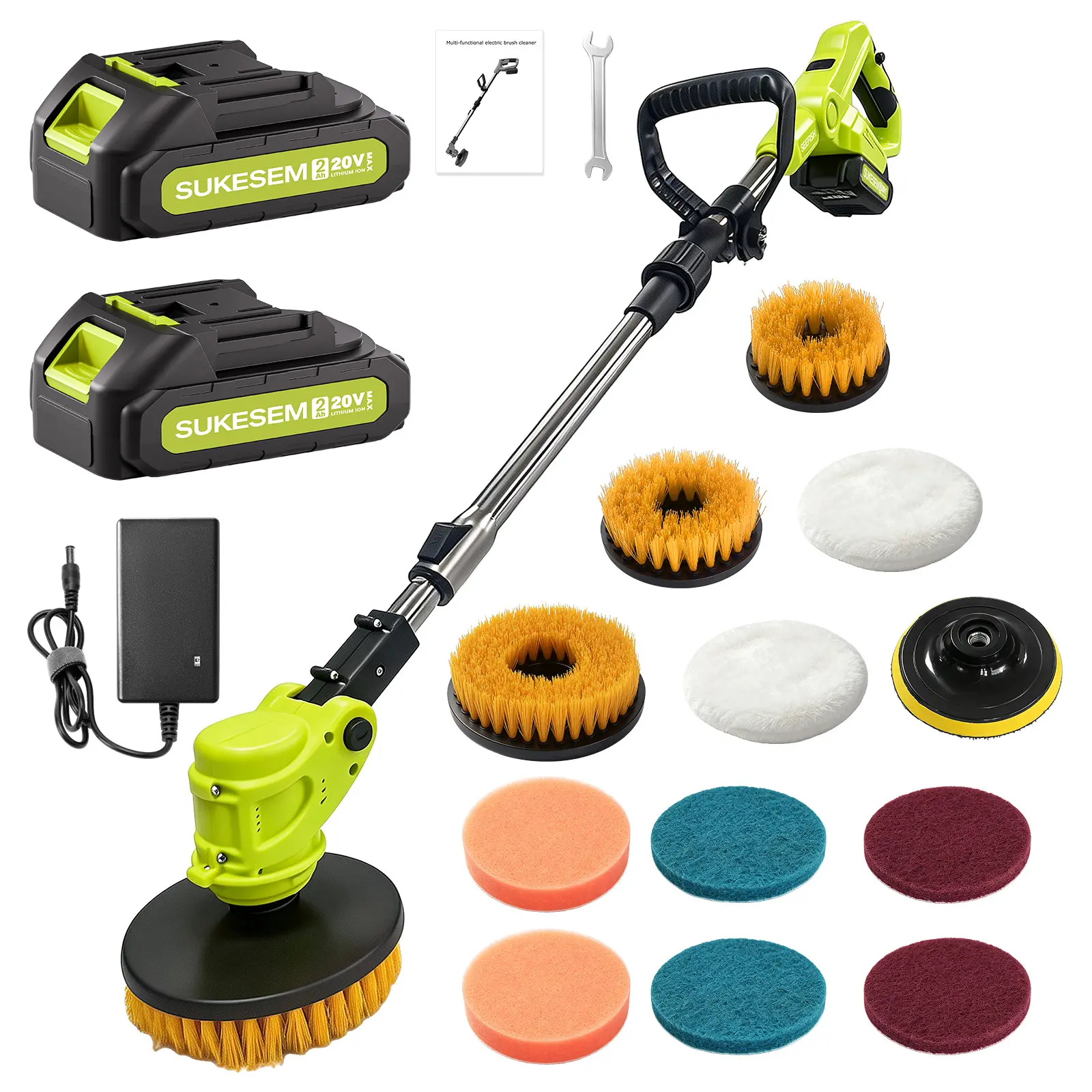 SUKESEM 20V Cordless Rotating Multi-Cleaning Brush Set - 20v power, rotating head, extension rod, rechargeable batteries, multiple brush heads, cleaning pads, ideal for floor care, kitchen cleaning
