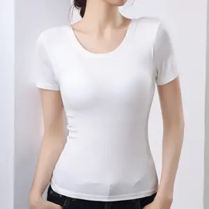 EssElegance Built-in Bra Short Sleeve T-Shirt. Luxury Seamless Slim Fit Tee with Hidden Wireless Support. Ultra-Soft Sculpting Everyday Top. Effortless Sophistication.