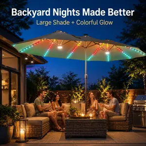 POUUIN 15FT x 9FT Double-Sided Patio Umbrella with 36 Solar RGB LED Lights, Large Outdoor Sunshade Canopy with Crank, Base & 2 Fillable Sandbags for Patio, Backyard, Garden and Poolside outdoorfun
