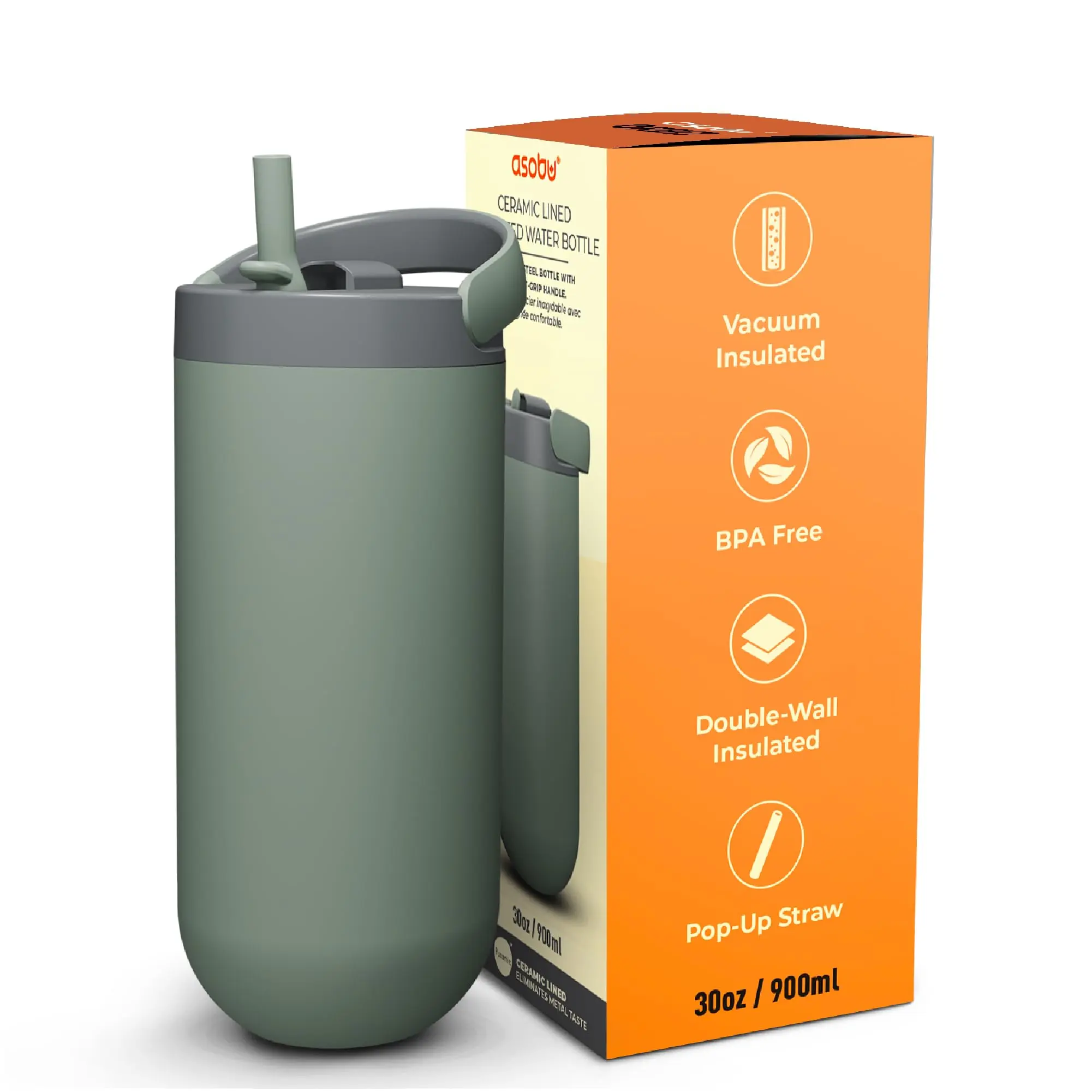Asobu Orbit 30oz/900ml Water Bottle, Sleek Insulated Bottle with Pop-Up Lid and Carry Handle, Perfect for Iced Coffee, Travel, and Stylish Hydration