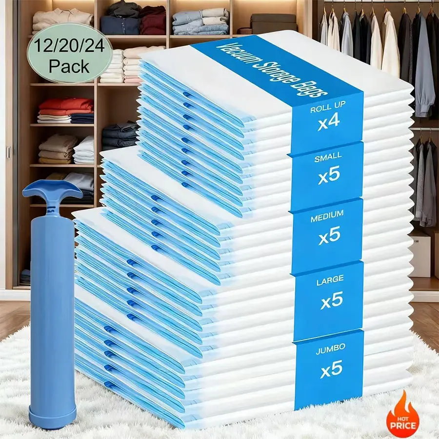 24/20/12 Space-saving vacuum storage bags, Compression packing bags, with a manual pump, used for sealing and compressing clothes, bedding, multi-purpose, no electricity required, rectangular shape, durable material