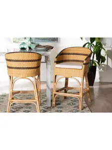 212 MAIN Elma Rattan Cushion Barrel-Back Counter Stool - Synthetic Woven & Rattan Frame, Brown & Dark Brown, Curved Arms, Footrest, Fully Built, Natural Finish, Boho Coastal Counter Height Dining Room Chair