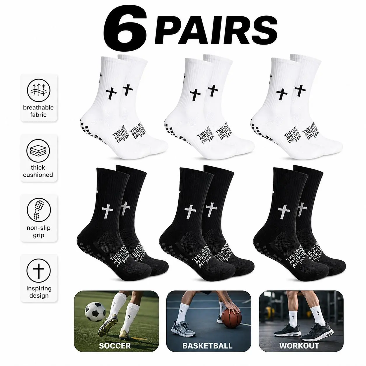6 Pair of Men's Mid-Calf Soccer Socks, Breathable Sports Socks, White and Black, Color-Block Design + Silicone Grips, Mesh Ventilation Panels, Moisture-Wicking and Breathable, Athletic Style