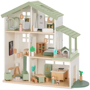 Best Choice Products 3-Story Wooden Dollhouse with 40 Accessories, Modern Doll House Pretend Play Set
