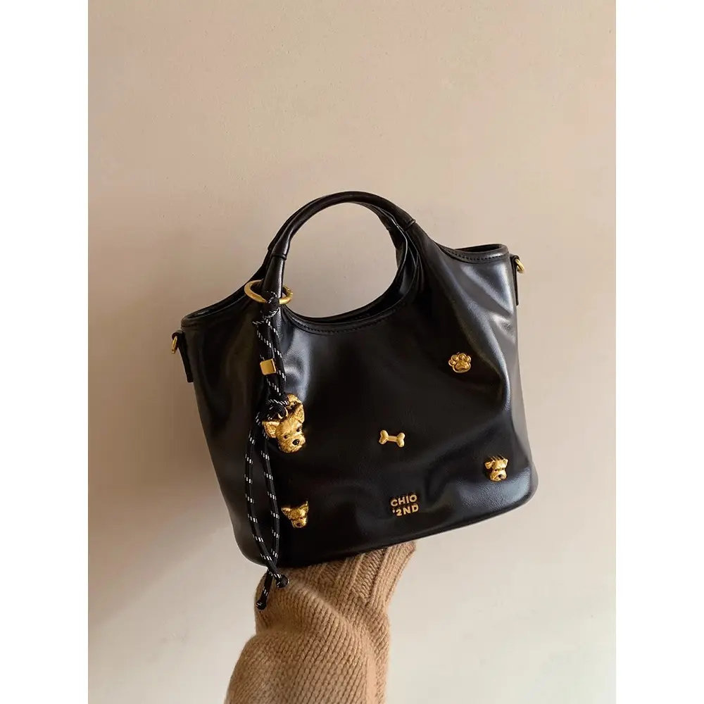 Tote bag, women's high-end handbag, bill of lading, shoulder crossbody bag, metal puppy pendant, black handbag