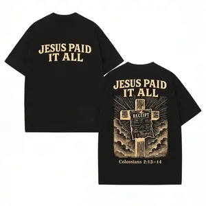 [Graphic Tee]Pure Cotton T-Shirt with Double-Sided Print Jesus Paid It All & Cross Pattern Christian Gift for Men Casual Retro Design Round Neck Short Sleeved Tee