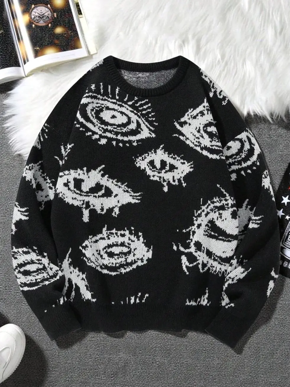 Sweaters - Men's Grunge Jacquard Knit Sweater, Long Sleeve Y2k Goth Pullover for Fall Winter Streetwear mens clothing male clothing streetwear clothing fall clothing sweater clothing for men fall sweaters fall sweaters