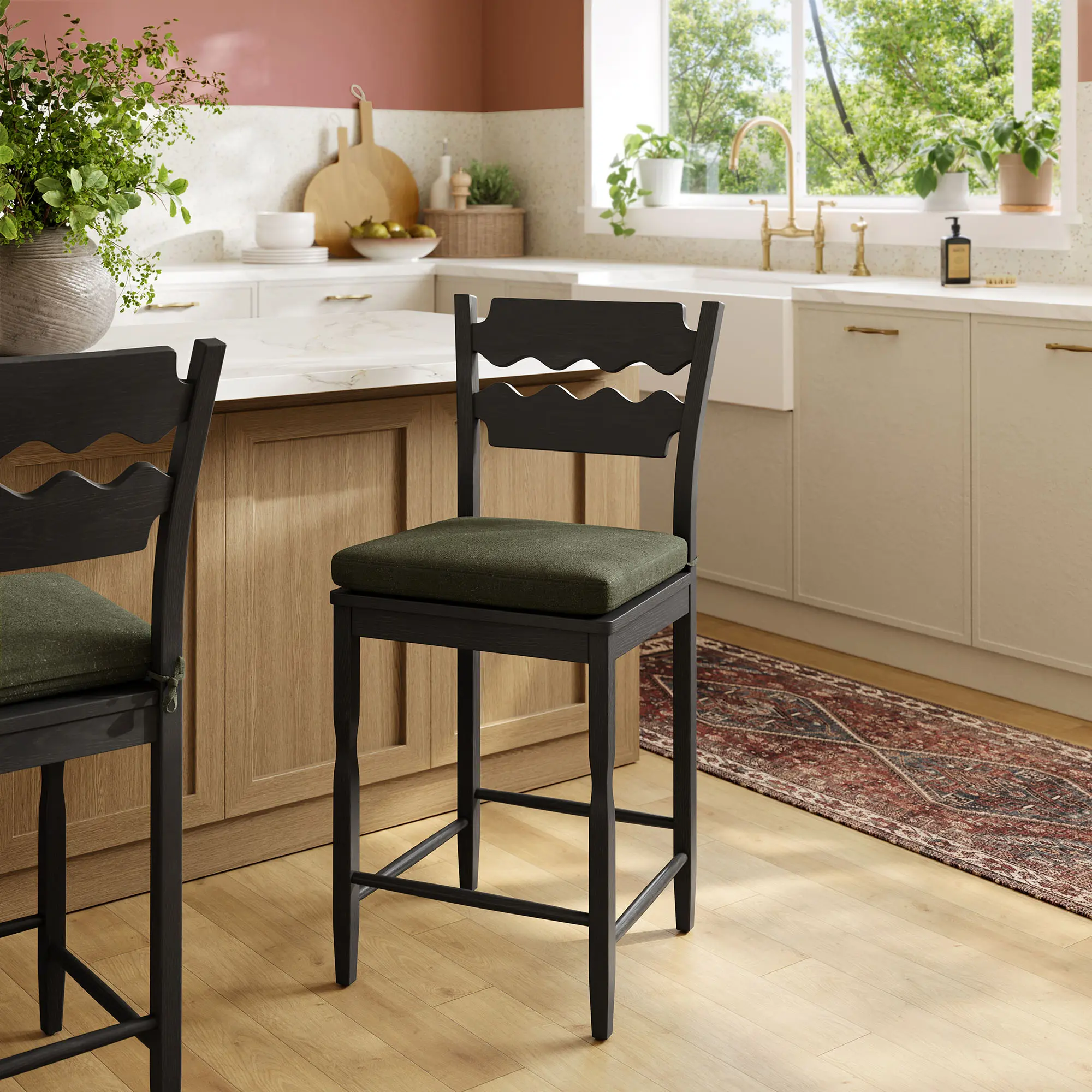Jax Oak Wood Counter Stool With Wavy Razor Back and Cushion in Black Sage