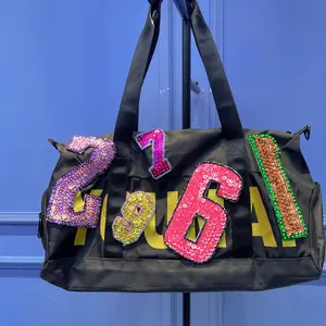 LunaSparkle #98 Handmade Designer Duffel Bag with Sequin Numbers Black Travel Sports Fitness Tote Y2K Style Handbag