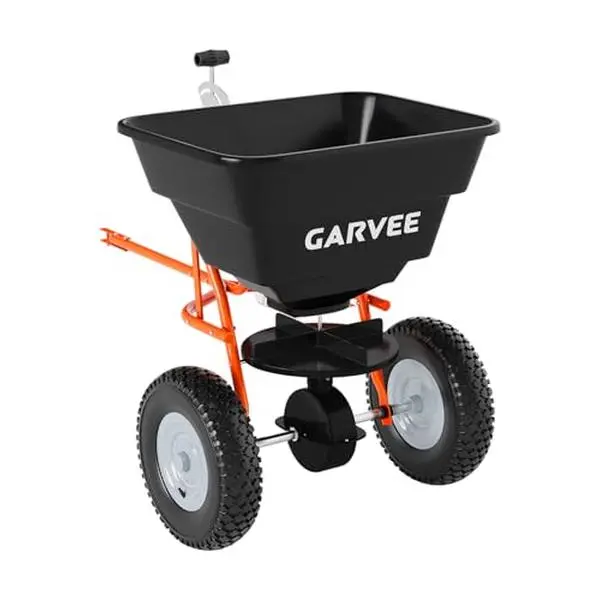 GARVEE Tow-Behind Spreader, 85LBS Capacity Pull Lawn & Garden Broadcast Spreader with 10" Pneumatic Tires and Adjustable Flow Control for Fertilizer, Seed, Salt and Ice Melt(Black+Orange)