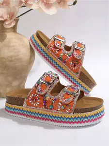 Women's Bohemian Style Rhinestone Beaded Platform Sandals, Adjustable Buckle Woven Wedge Slides, Trendy Braided Trim RhineBeaded Beach Shoes